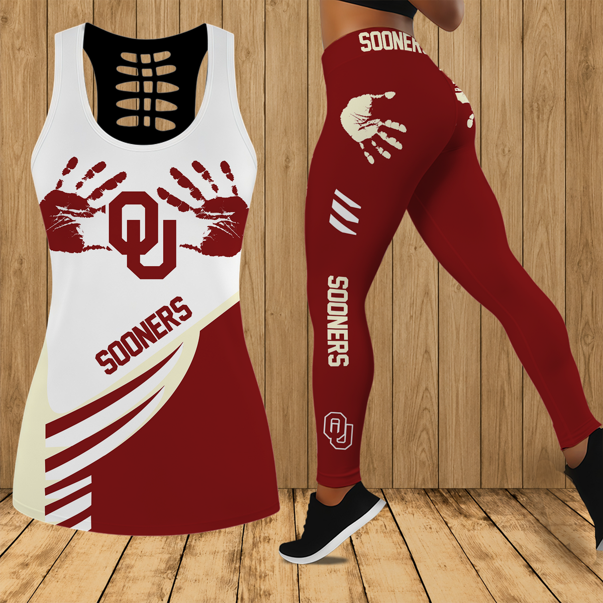 [HOMERUN DEAL] NEW CUSTOMIZED NCAA CWS22 OUS OKLAHOMA SOONERS HOLLOW TANK TOP & LEGGINGS SET