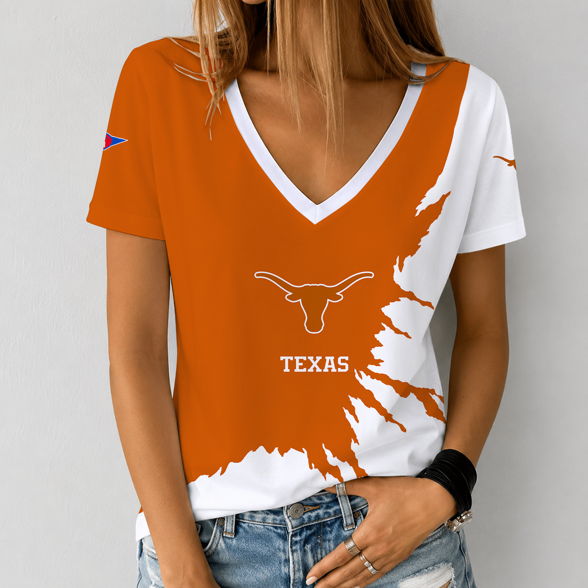 [TOUCHDOWN DEAL] NEW CUSTOMIZED NCAA FBS22 TXL TEXAS LONGHORNS V-NECK FEMALE SHIRT
