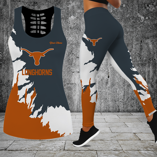 [TOUCHDOWN DEAL] NEW CUSTOMIZED NCAA FBS22 TXL TEXAS LONGHORNS HOLLOW TANK TOP & LEGGINGS SET