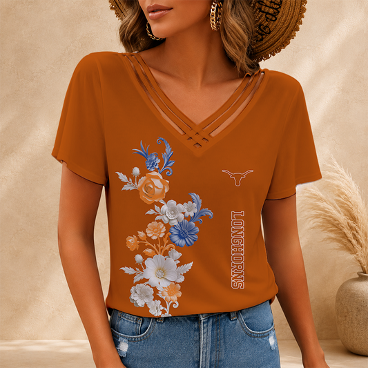 [FAN FAVORITE] NEW CUSTOMIZED NCAA FBS22 TXL TEXAS LONGHORNS V-NECK SHIRT
