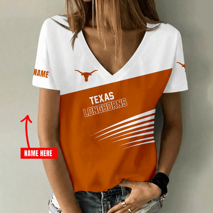 [FAN FAVORITE] NEW CUSTOMIZED NCAA FBS22 TXL TEXAS LONGHORNS V-NECK FEMALE SHIRT