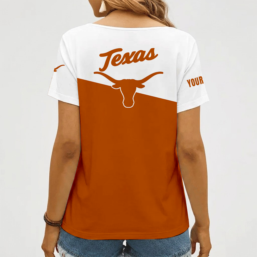 [FAN FAVORITE] NEW CUSTOMIZED NCAA FBS22 TXL TEXAS LONGHORNS V-NECK FEMALE SHIRT