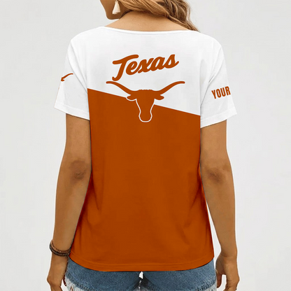 [FAN FAVORITE] NEW CUSTOMIZED NCAA FBS22 TXL TEXAS LONGHORNS V-NECK FEMALE SHIRT