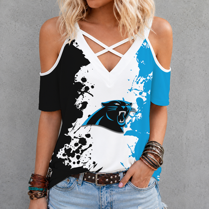 [TOUCHDOWN DEAL] NEW CUSTOMIZED NFL23 CLP CAROLINA PANTHERS CRISS CROSS V-NECK TOP