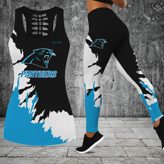 [TOUCHDOWN DEAL] NEW CUSTOMIZED NFL23 CLP CAROLINA PANTHERS HOLLOW TANK TOP & LEGGINGS SET