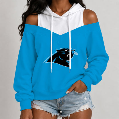 [TOUCHDOWN DEAL] NEW CUSTOMIZED NFL23 CLP THE PANTHERS WOMEN'S OFF-SHOULDER HOODIE