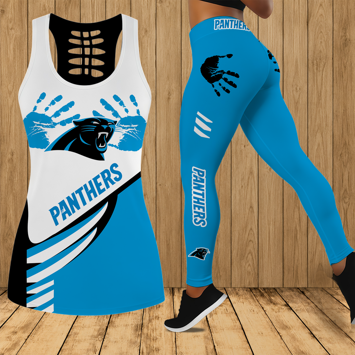 [TOUCHDOWN DEAL] NEW CUSTOMIZED NFL23 CLP CAROLINA PANTHERS HOLLOW TANK TOP & LEGGINGS SET