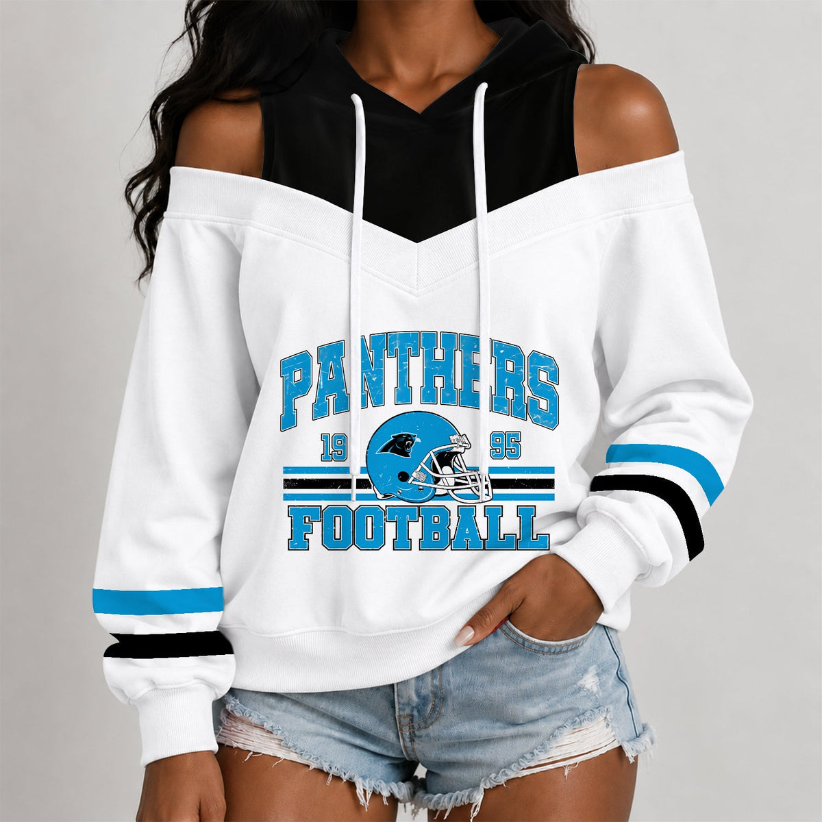 [TOUCHDOWN DEAL] NEW CUSTOMIZED NFL23 CLP THE PANTHERS WOMEN'S OFF-SHOULDER HOODIE