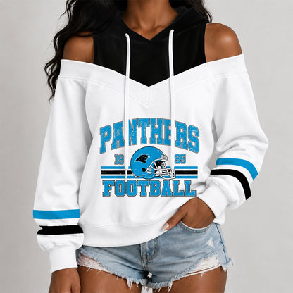 [TOUCHDOWN DEAL] NEW CUSTOMIZED NFL23 CLP THE PANTHERS WOMEN'S OFF-SHOULDER HOODIE