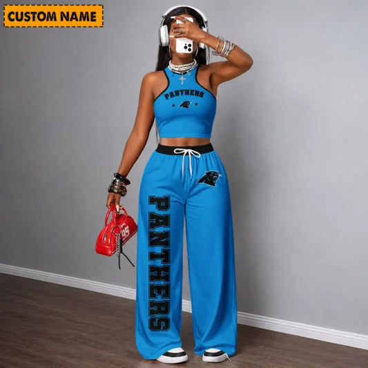 [TOUCHDOWN DEAL] NEW CUSTOMIZED NFL23 CLP CAROLINA PANTHERS WOMEN'S CROP TOP & LONGPANTS SET