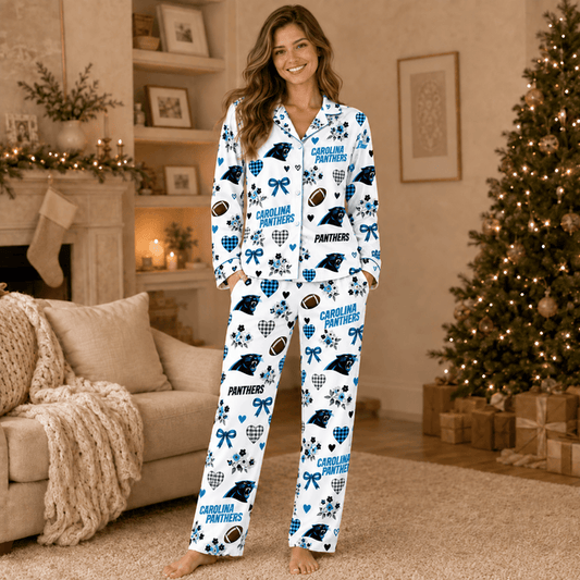 [TOUCHDOWN DEAL] NEW CUSTOMIZED NFL23 CLP CAROLINA PANTHERS HALLOWEEN LONG PAJAMAS SET