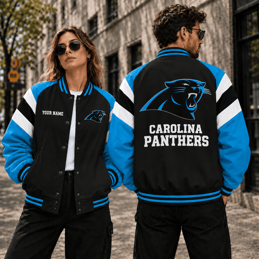 [TOUCHDOWN DEAL] NEW CUSTOMIZED NFL23 CLP CAROLINA PANTHERS SATIN VARSITY & BASEBALL JACKET