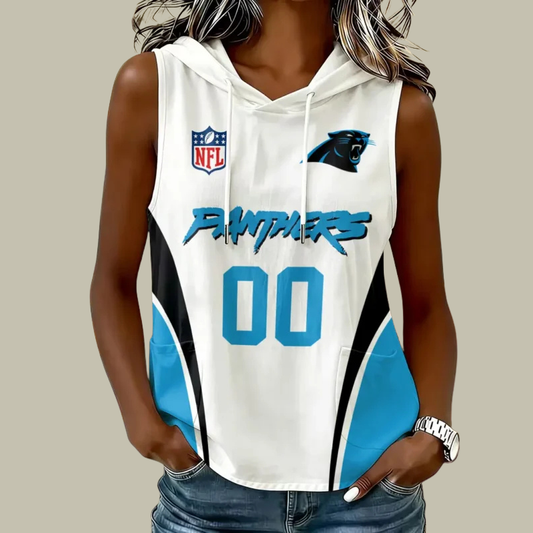 [TOUCHDOWN DEAL] NEW CUSTOMIZED NFL23 CLP CAROLINA PANTHERS WOMEN'S SLEEVELESS HOODED POCKET TANK TOP