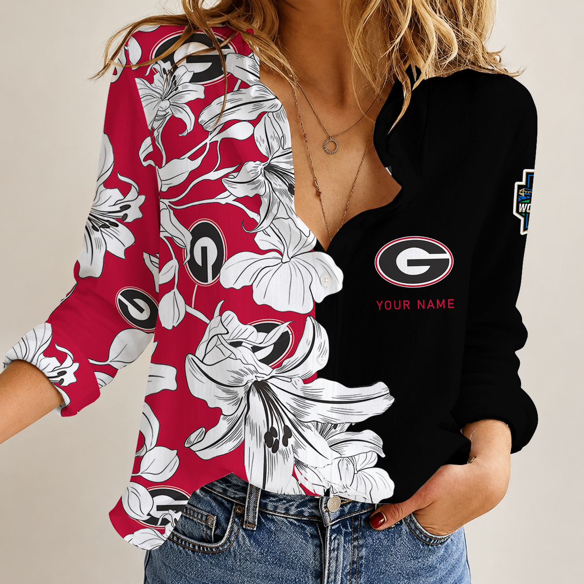 [HOMERUN DEAL] NEW CUSTOMIZED NCAA CWS23 GEB GEORGIA BULLDOGS WOMEN CASUAL SHIRT