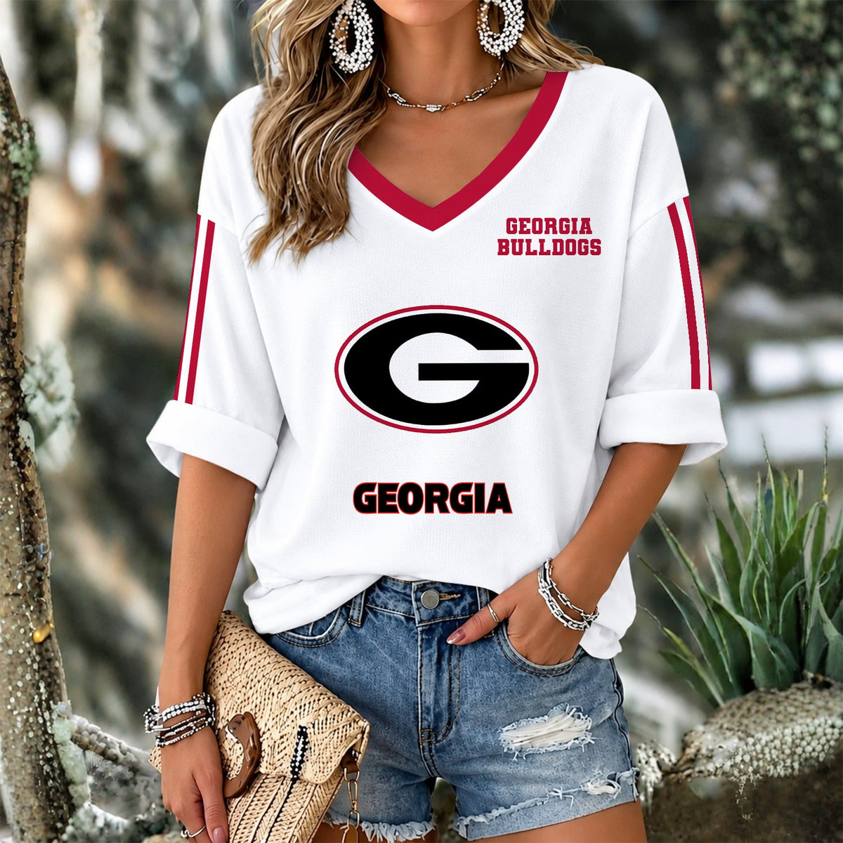 [HOMERUN DEAL] NEW CUSTOMIZED NCAA CWS23 GEB GEORGIA BULLDOGS WOMEN'S V-NECK LONG SLEEVE SHIRT