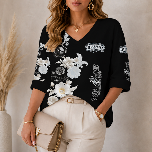[HOT DEAL] NEW CUSTOMIZED NBA23 SAS SAN ANTONIO SPURS WOMEN'S V-NECK LONG SLEEVE SHIRT