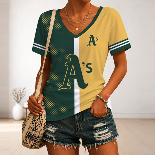 [HOMERUN DEAL] NEW CUSTOMIZED MLB23 OAS OAKLAND ATHLETICS V-NECK FEMALE SHIRT