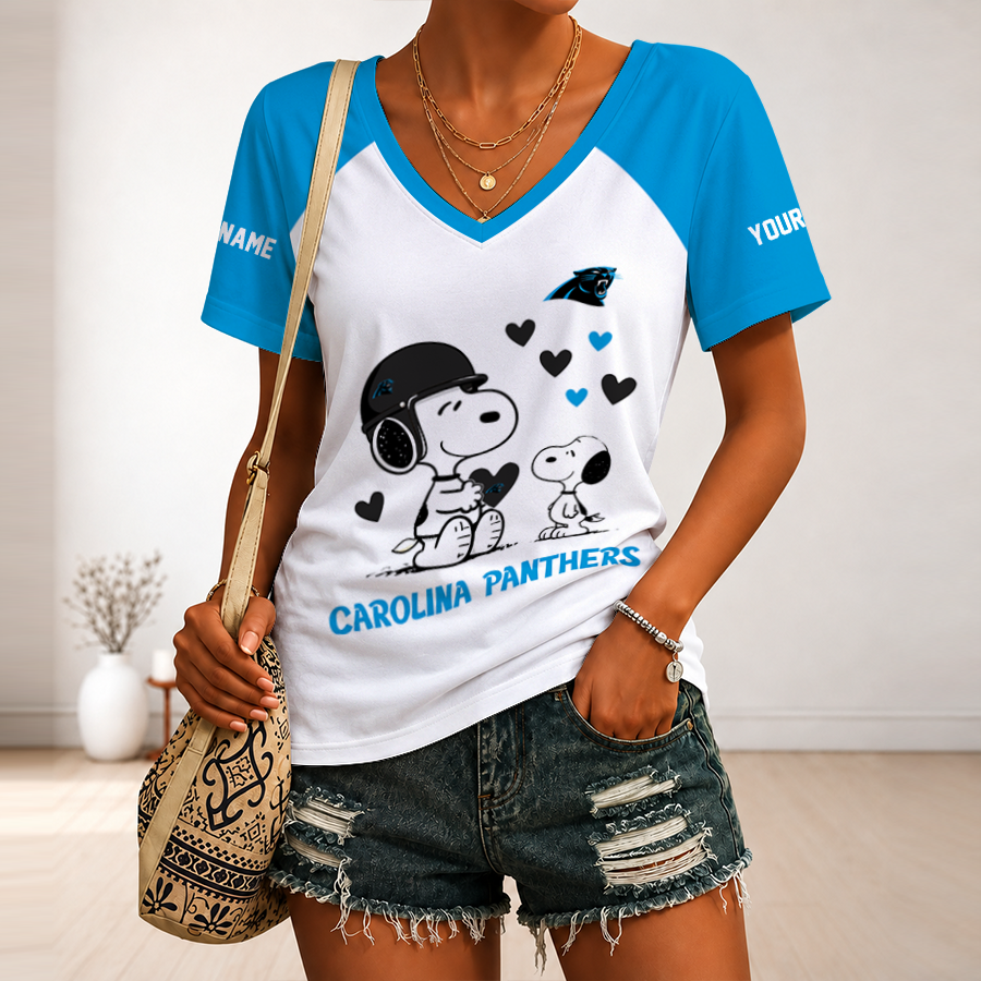 [TOUCHDOWN DEAL] NEW CUSTOMIZED NFL23 CLP CAROLINA PANTHERS V-NECK FEMALE SHIRT