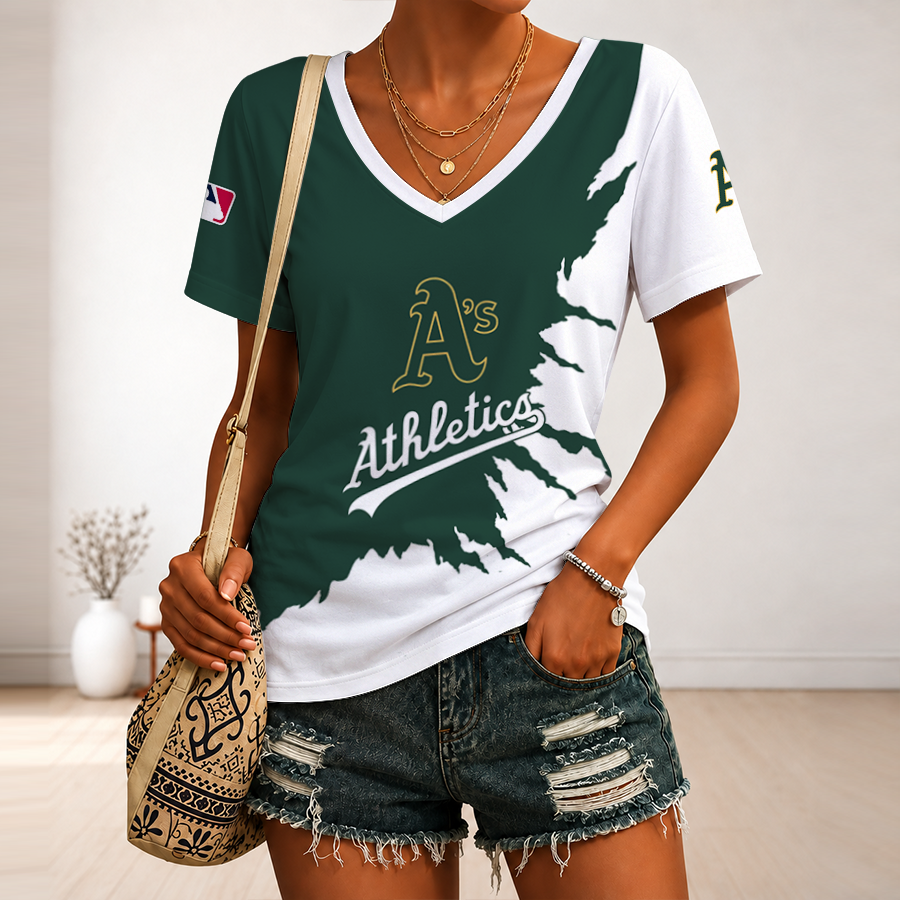 [HOMERUN DEAL] NEW CUSTOMIZED MLB23 OAS OAKLAND ATHLETICS V-NECK FEMALE SHIRT