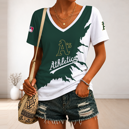 [HOMERUN DEAL] NEW CUSTOMIZED MLB23 OAS OAKLAND ATHLETICS V-NECK FEMALE SHIRT