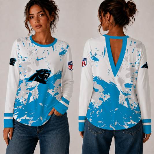 [TOUCHDOWN DEAL] NEW CUSTOMIZED NFL23 CLP CAROLINA PANTHERS WOMEN'S BACK V-CUT LONG-SLEEVE SHIRT