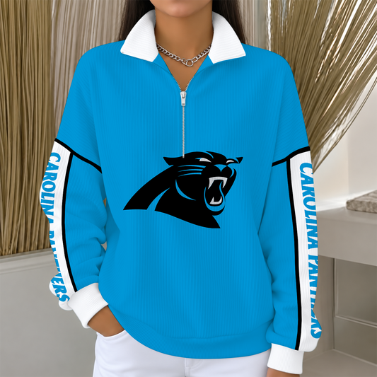 [TOUCHDOWN DEAL] NEW CUSTOMIZED NFL23 CLP CAROLINA PANTHERS QUARTER ZIP RIBBED SWEATER