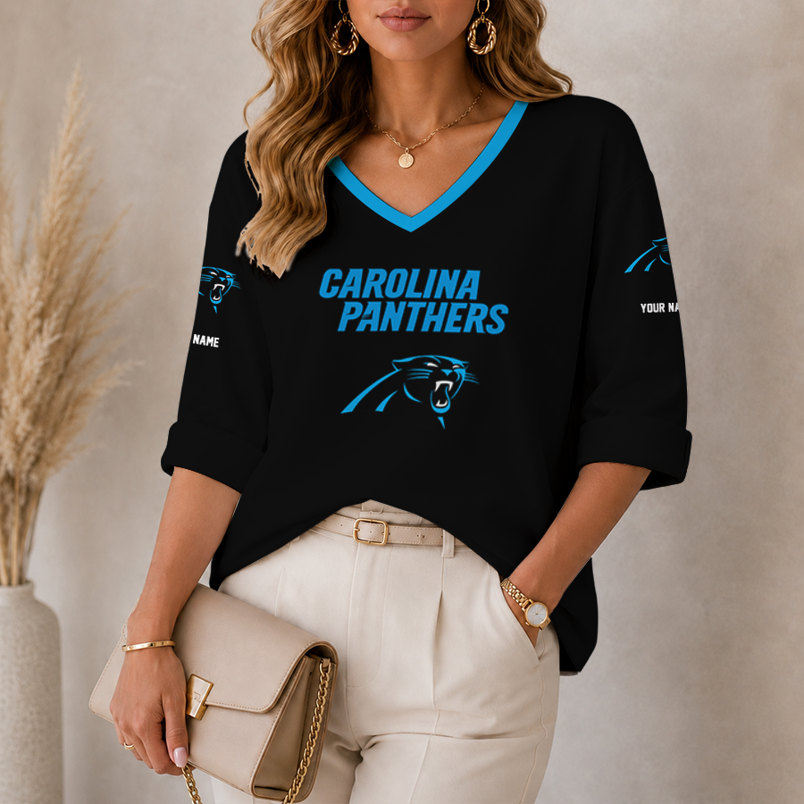 [SPECIAL OFFER] NEW CUSTOMIZED NFL23 CLP CAROLINA PANTHERS WOMEN'S HEART V-NECK LONG SLEEVE SHIRT