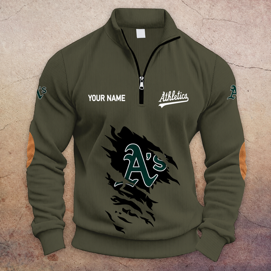 [HOMERUN DEAL] NEW CUSTOMIZED MLB23 OAS OAKLAND ATHLETICS MULTICOLOR STRIPED QUATER ZIP SWEATSHIRT