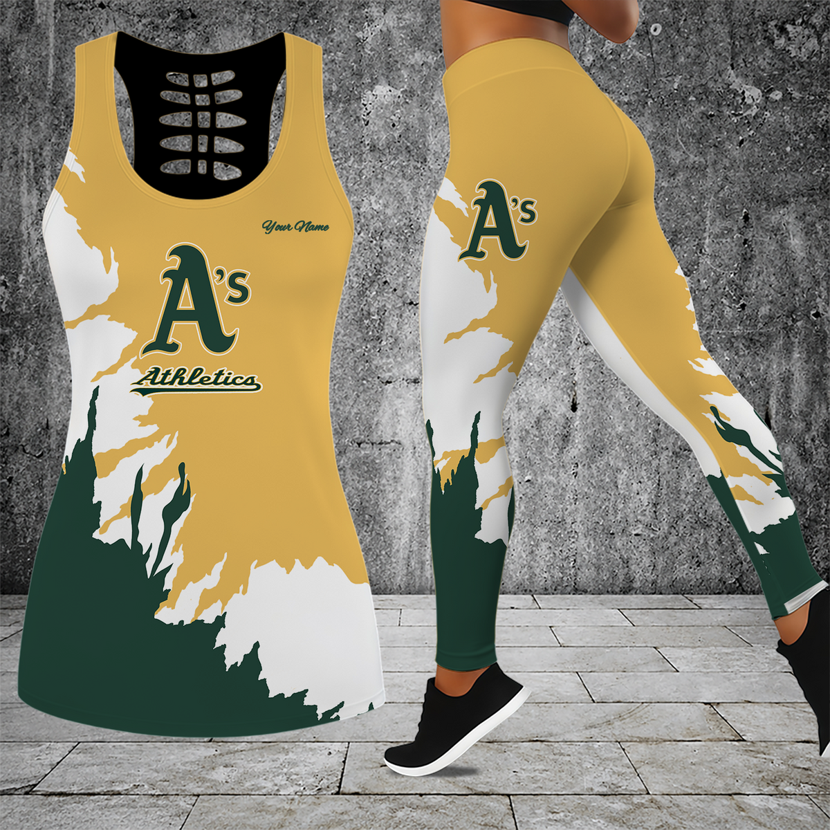 [HOMERUN DEAL] NEW CUSTOMIZED MLB23 OAS OAKLAND ATHLETICS HOLLOW TANK TOP & LEGGINGS SET