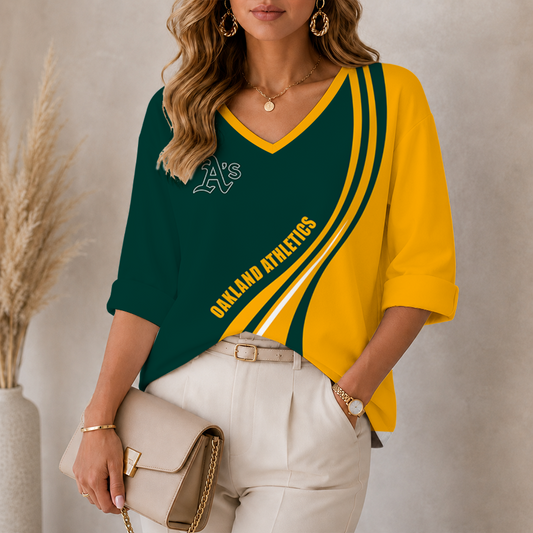 [HOMERUN DEAL] NEW CUSTOMIZED MLB23 OAS OAKLAND ATHLETICS WOMEN'S HEART V-NECK LONG SLEEVE SHIRT