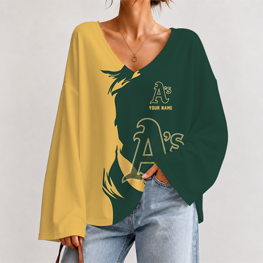 [HOMERUN DEAL] NEW CUSTOMIZED MLB23 OAS OAKLAND ATHLETICS V-NECK LONG SLEEVED CROP TOP