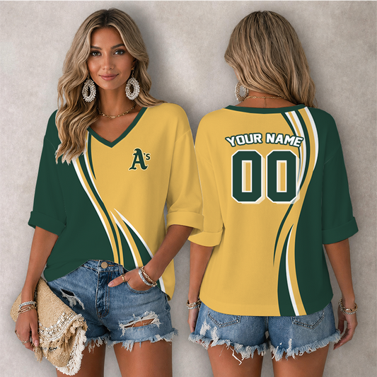 [HOMERUN DEAL] NEW CUSTOMIZED MLB23 OAS OAKLAND ATHLETICS WOMEN'S HEART V-NECK LONG SLEEVE SHIRT
