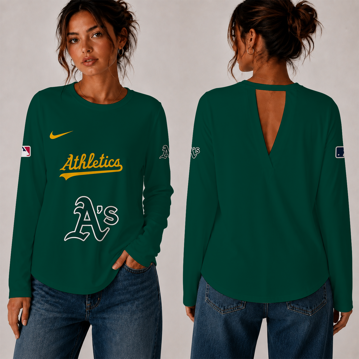 [HOMERUN DEAL] NEW CUSTOMIZED MLB23 OAS THE ATHLETICS WOMEN'S BACK V-CUT LONG-SLEEVE SHIRT