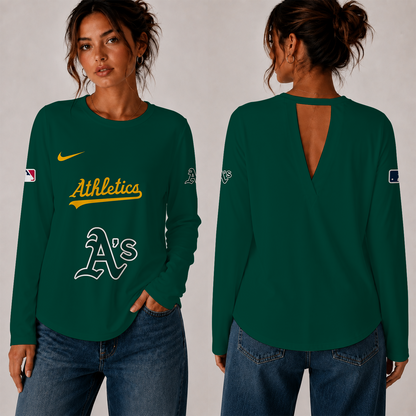 [HOMERUN DEAL] NEW CUSTOMIZED MLB23 OAS THE ATHLETICS WOMEN'S BACK V-CUT LONG-SLEEVE SHIRT