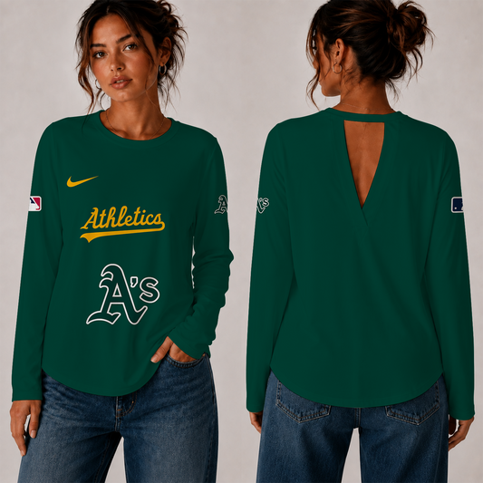 [HOMERUN DEAL] NEW CUSTOMIZED MLB23 OAS THE ATHLETICS WOMEN'S BACK V-CUT LONG-SLEEVE SHIRT