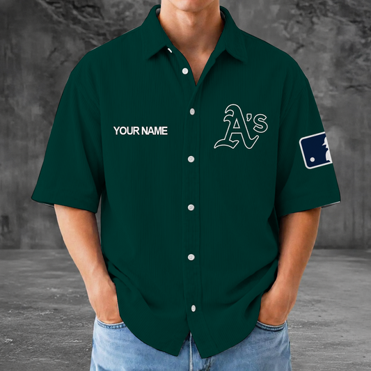 [HOMERUN DEAL] NEW CUSTOMIZED MLB23 OAS OAKLAND ATHLETICS SEERSUCKER BUTTON SHIRT