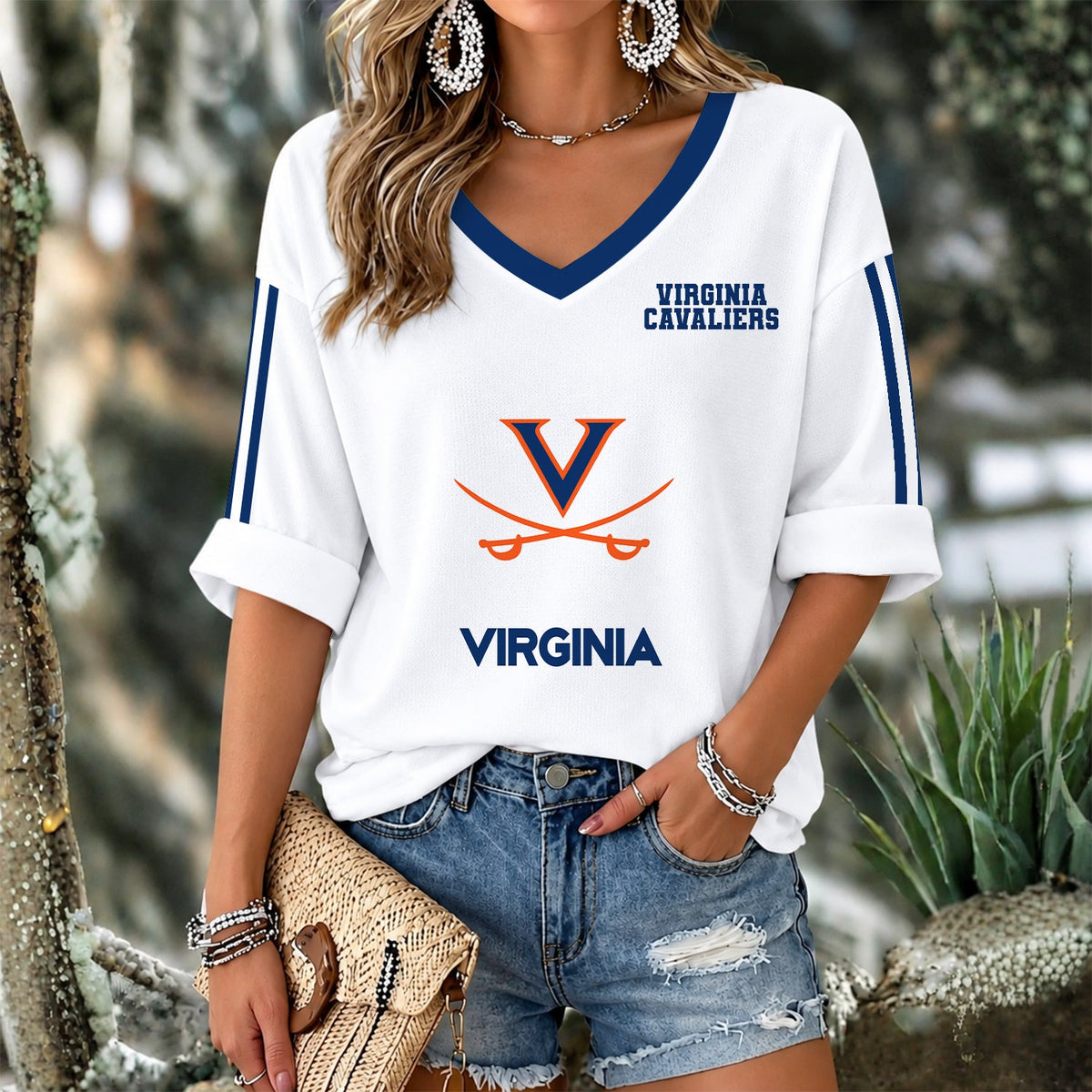 [SLAM DUNK DEAL] NEW CUSTOMIZED NCAA MAM23 VIC VIRGINIA CAVALIERS WOMEN'S V-NECK LONG SLEEVE SHIRT