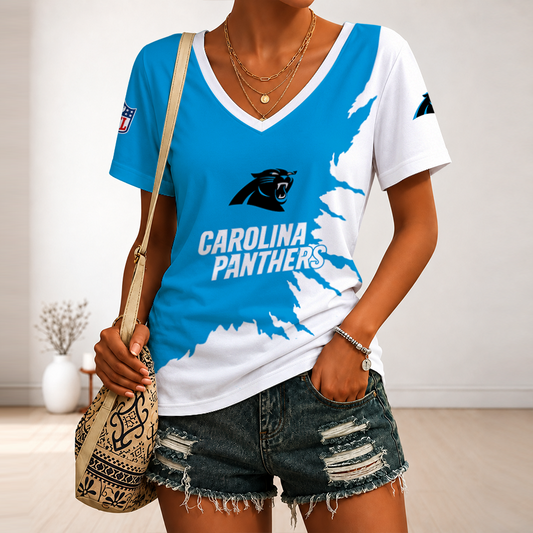 [TOUCHDOWN DEAL] NEW CUSTOMIZED NFL23 CLP CAROLINA PANTHERS V-NECK FEMALE SHIRT