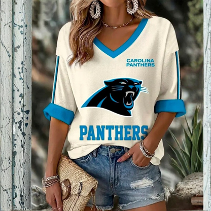 [TOUCHDOWN DEAL] NEW CUSTOMIZED NFL23 CLP CAROLINA PANTHERS WOMEN'S HEART V-NECK LONG SLEEVE SHIRT