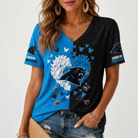 [TOUCHDOWN DEAL] NEW CUSTOMIZED NFL23 CLP CAROLINA PANTHERS V-NECK FEMALE SHIRT