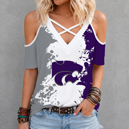 [TOUCHDOWN DEAL]NEW CUSTOMIZED NCAA FBS24 KSW KANSAS STATE WILDCATS CRISS CROSS V-NECK TOP