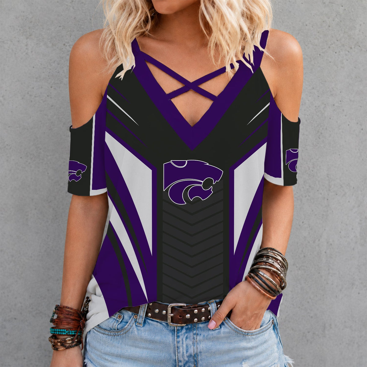 [TOUCHDOWN DEAL] NEW CUSTOMIZED NCAA FBS24 KSW KANSAS STATE WILDCATS CRISS CROSS V-NECK TOP