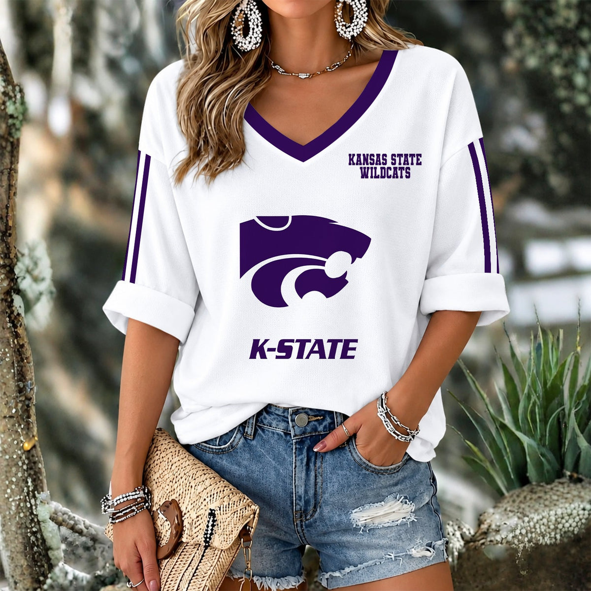 [TOUCHDOWN DEAL] NEW CUSTOMIZED NCAA FBS24 KSW KANSAS STATE WILDCATS WOMEN'S V-NECK LONG SLEEVE SHIRT