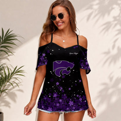 [TOUCHDOWN DEAL]NEW CUSTOMIZED NCAA FBS24 KSW KANSAS STATE WILDCATS WOMEN'S STRAPPY OFF-SHOULDER TOP