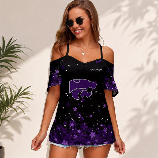 [TOUCHDOWN DEAL]NEW CUSTOMIZED NCAA FBS24 KSW KANSAS STATE WILDCATS WOMEN'S STRAPPY OFF-SHOULDER TOP