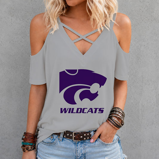 [TOUCHDOWN DEAL] NEW CUSTOMIZED NCAA FBS24 KSW KANSAS STATE WILDCATS CRISS CROSS V-NECK TOP
