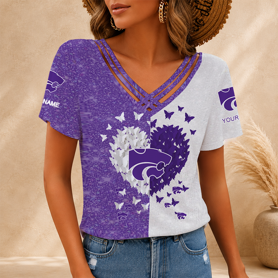 [TOUCHDOWN DEAL] NEW CUSTOMIZED NCAA FBS24 KSW KANSAS STATE WILDCATS V-NECK SHIRT