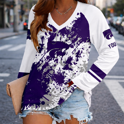 [TOUCHDOWN DEAL] NEW CUSTOMIZED NCAA FBS24 KSW KANSAS STATE WILDCATS WOMEN'S V-NECK LONG SLEEVED SHIRT