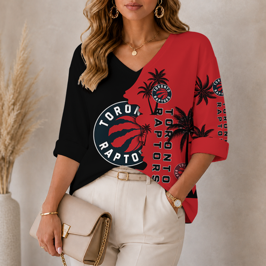 [HOT DEAL] NEW CUSTOMIZED NBA24 TRA TORONTO RAPTORS WOMEN'S V-NECK LONG SLEEVE SHIRT