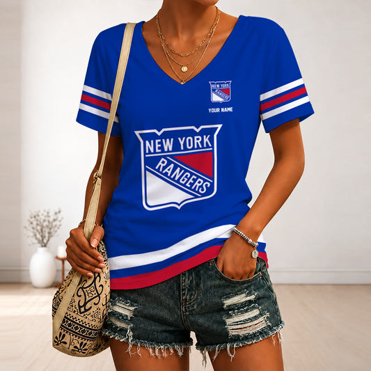 [PUCK DROP DEAL] NEW CUSTOMIZED NHL24 NYR NEW YORK RANGERS V-NECK FEMALE SHIRT